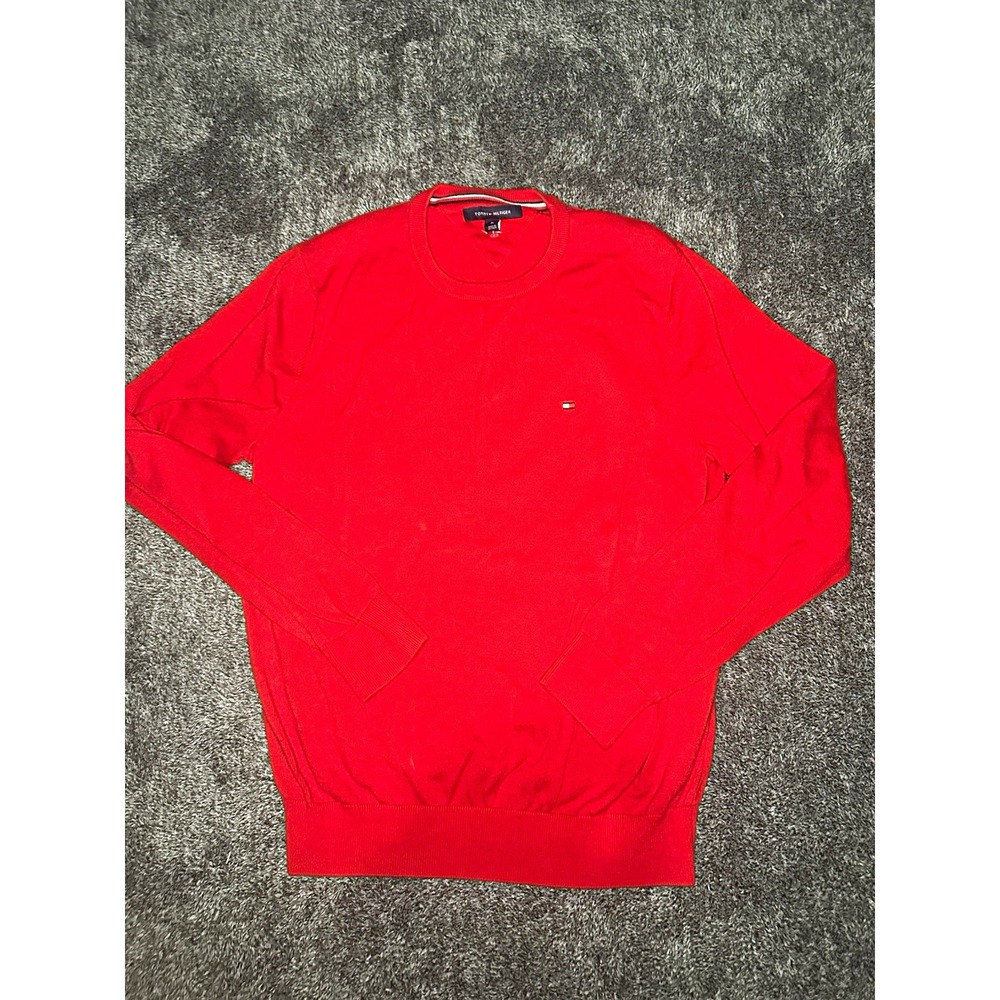 Tommy Hilfiger Sweater Mens M Red Crewneck Flag Logo Knit Preppy Pullover